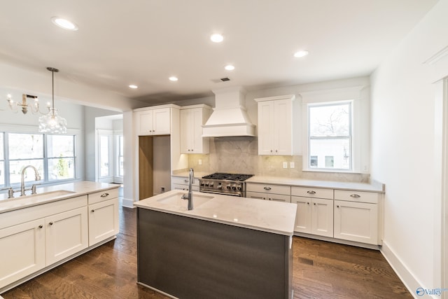 kitchen with a sink, high end stainless steel range oven, backsplash, dark wood finished floors, and custom range hood