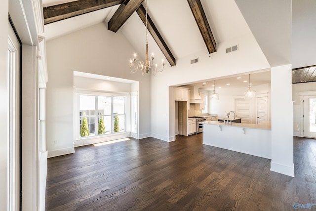 unfurnished living room featuring a chandelier, high vaulted ceiling, visible vents, dark wood-style floors, and beamed ceiling