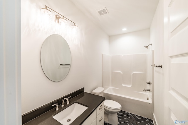 full bath with toilet, shower / bathtub combination, visible vents, and vanity