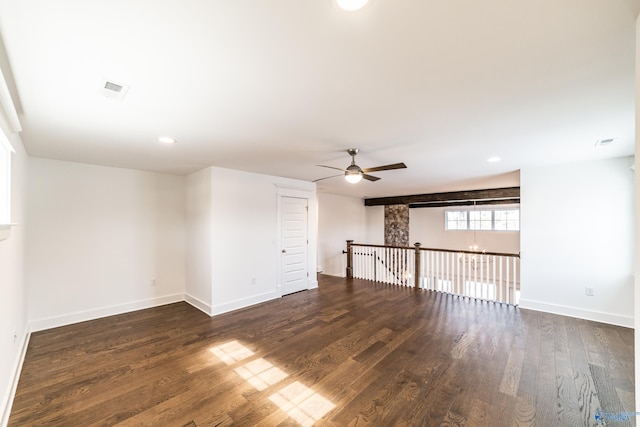 empty room with recessed lighting, wood finished floors, a ceiling fan, and baseboards