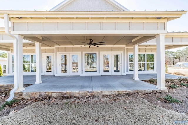 exterior space with a ceiling fan and french doors