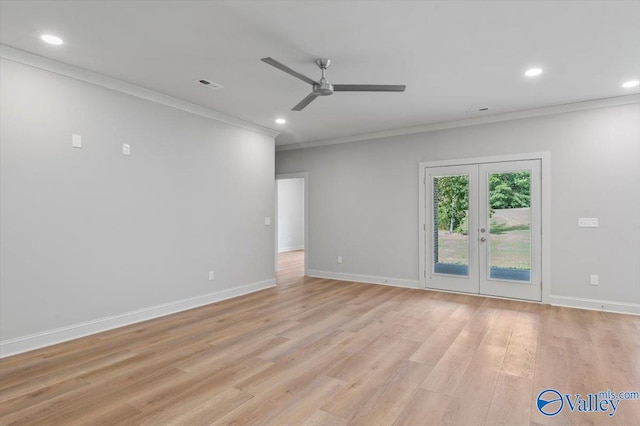 unfurnished room featuring ceiling fan, ornamental molding, light hardwood / wood-style floors, and french doors