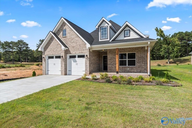 craftsman house with a garage, a front lawn, and a porch