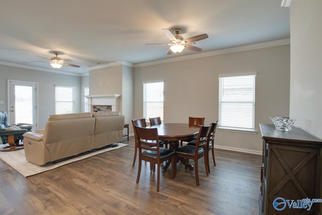 dining area with a healthy amount of sunlight, a fireplace, and dark wood finished floors