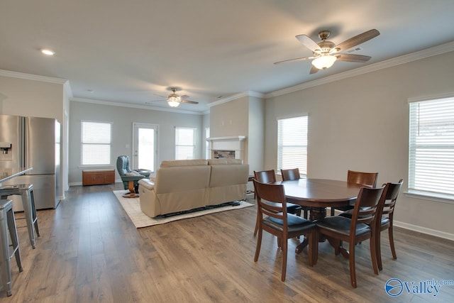 dining room featuring plenty of natural light, a fireplace, and wood finished floors