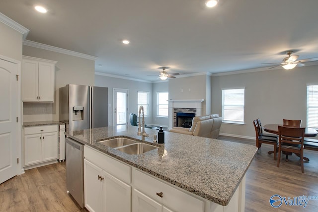 kitchen with appliances with stainless steel finishes, a wealth of natural light, a fireplace, and a sink