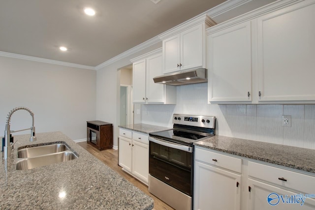 kitchen with electric range, light wood-style floors, crown molding, under cabinet range hood, and a sink