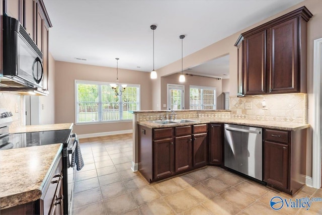 kitchen with stainless steel dishwasher, black microwave, electric range oven, a sink, and backsplash