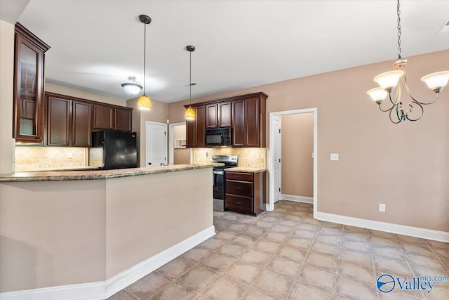 kitchen with black appliances, dark brown cabinets, backsplash, hanging light fixtures, and light stone counters