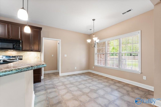 kitchen featuring black microwave, electric stove, baseboards, dark brown cabinetry, and a chandelier