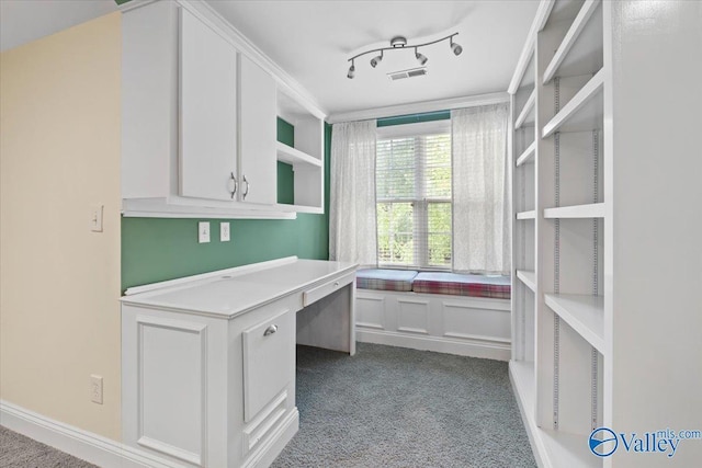 unfurnished office featuring built in study area and carpet floors