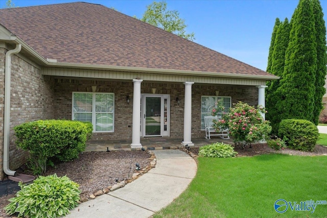 doorway to property with a shingled roof, a porch, brick siding, and a yard