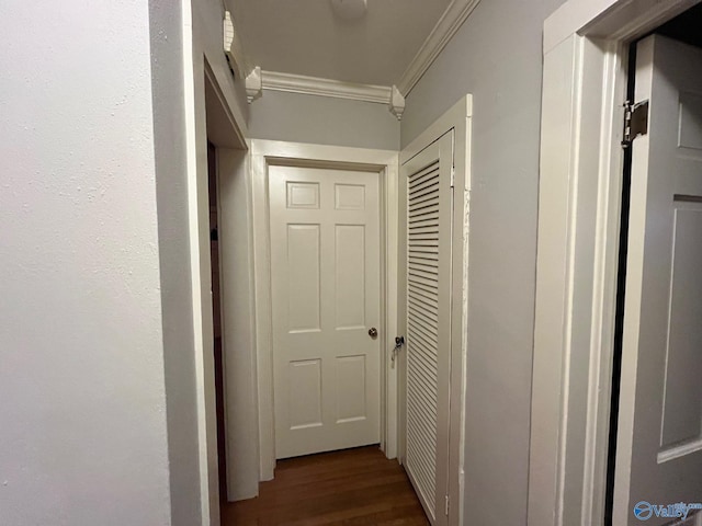 corridor with crown molding and dark hardwood / wood-style flooring