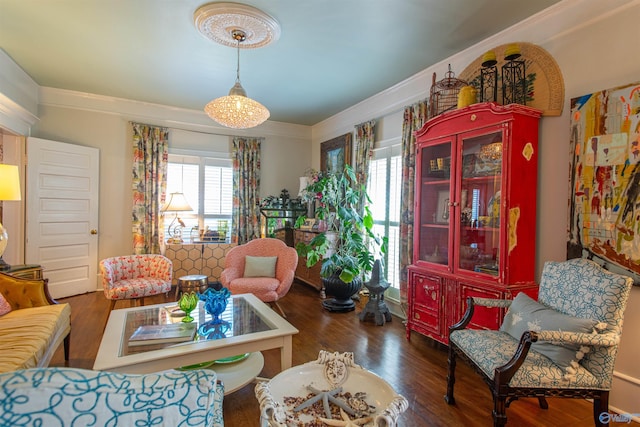 living room featuring ornamental molding and dark wood-style flooring