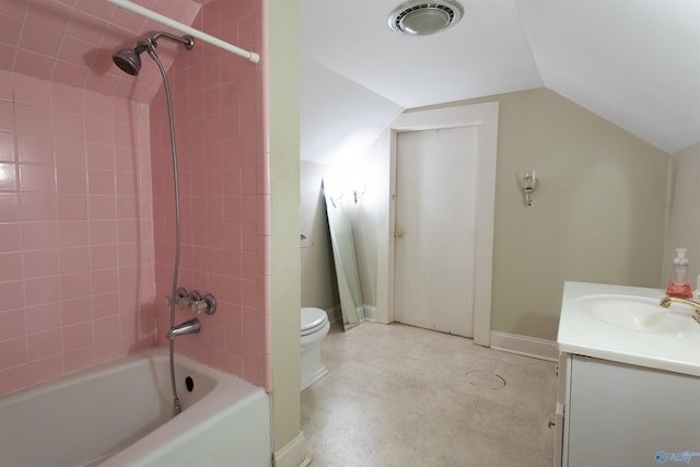 bathroom featuring lofted ceiling, bathtub / shower combination, visible vents, toilet, and vanity