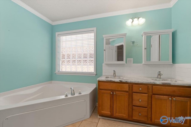 bathroom with vanity, a bathing tub, tile patterned flooring, and decorative backsplash