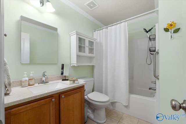 full bathroom featuring vanity, ornamental molding, tile patterned floors, toilet, and shower / bath combo with shower curtain