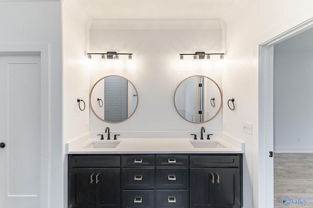 bathroom featuring crown molding, wood finished floors, a sink, and double vanity