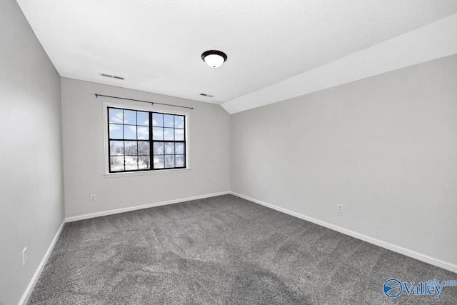 unfurnished room featuring lofted ceiling, carpet flooring, and a textured ceiling