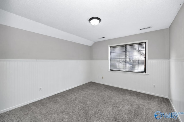 carpeted empty room featuring lofted ceiling and a textured ceiling