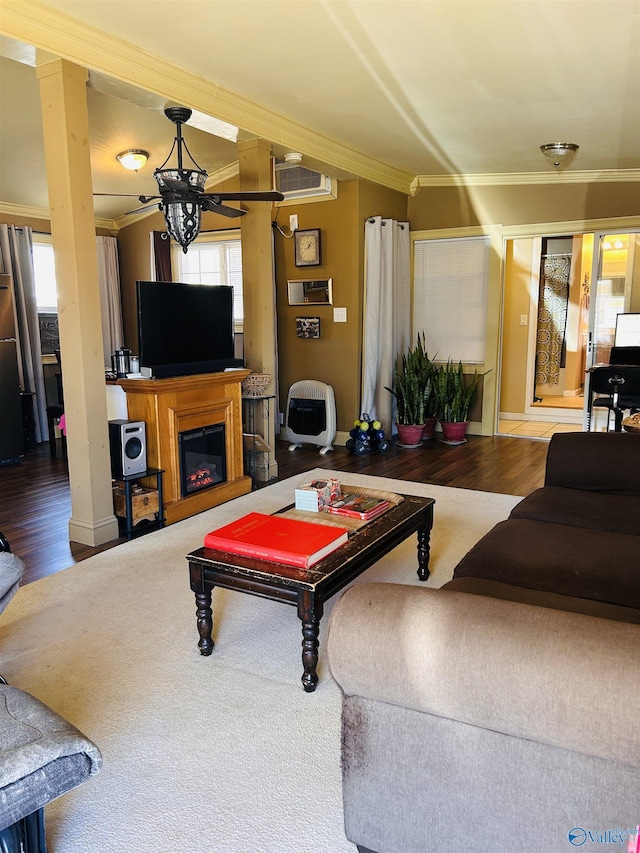 living room featuring wood finished floors, ornamental molding, a glass covered fireplace, and a healthy amount of sunlight