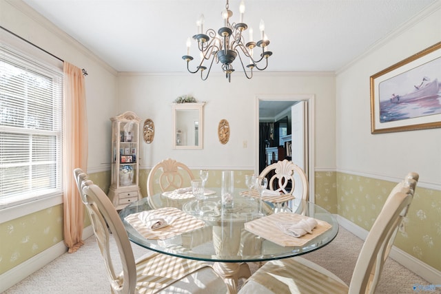 dining area with light carpet, a chandelier, a wealth of natural light, and crown molding