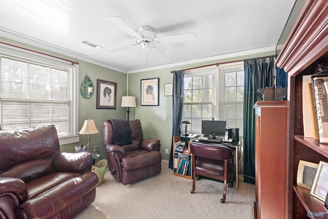 office space featuring crown molding, plenty of natural light, and light carpet