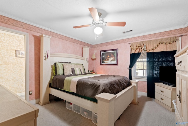 bedroom featuring ceiling fan, light carpet, and ornamental molding