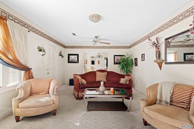 living room featuring ceiling fan and light colored carpet