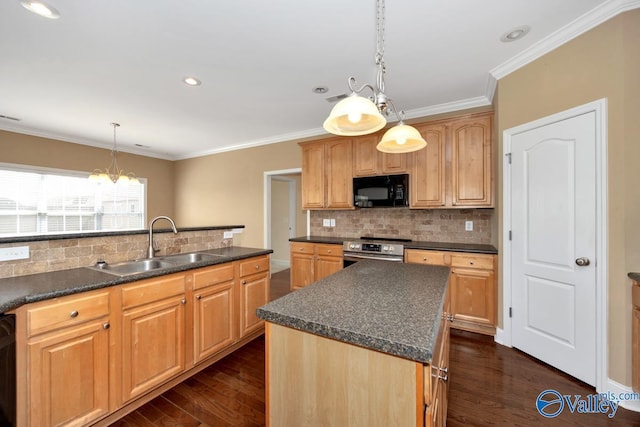 kitchen with a sink, black appliances, dark countertops, and dark wood finished floors