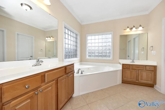 bathroom with a sink, tile patterned floors, a bath, and ornamental molding