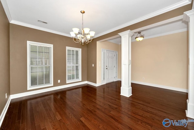 unfurnished dining area with decorative columns, a notable chandelier, visible vents, and baseboards
