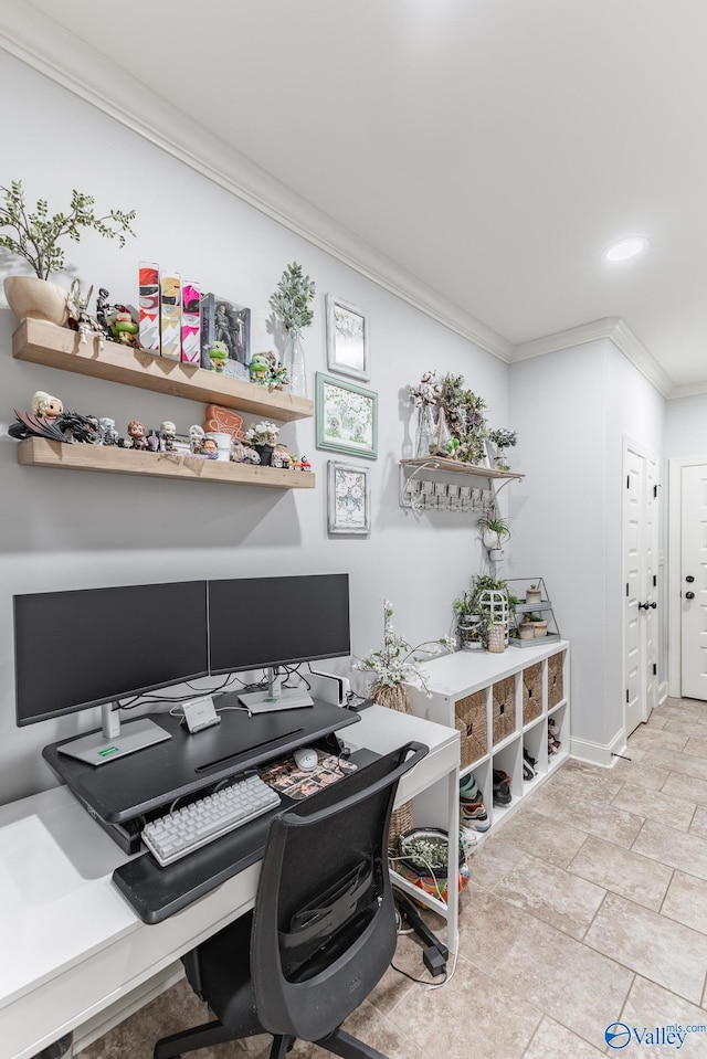 home office with recessed lighting, baseboards, and ornamental molding