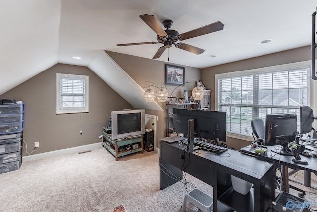 carpeted home office featuring ceiling fan, visible vents, recessed lighting, baseboards, and vaulted ceiling