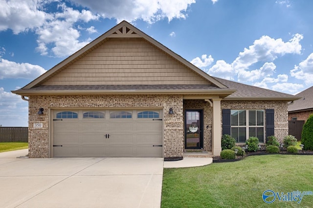 view of front facade featuring a garage, concrete driveway, brick siding, and a front lawn