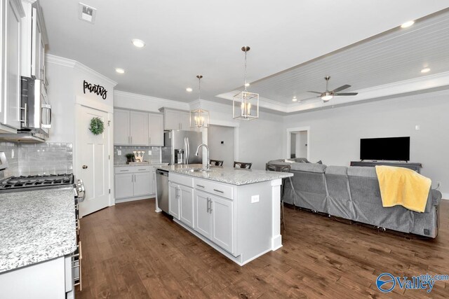 kitchen featuring appliances with stainless steel finishes, tasteful backsplash, an island with sink, dark wood-type flooring, and ceiling fan