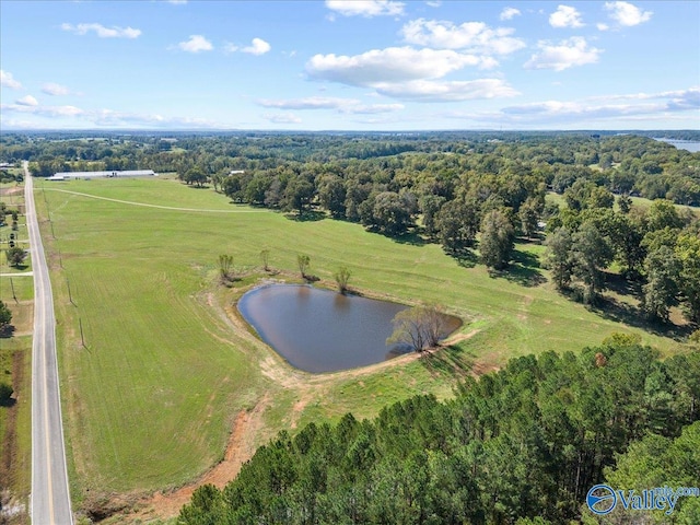 birds eye view of property with a water view and a rural view