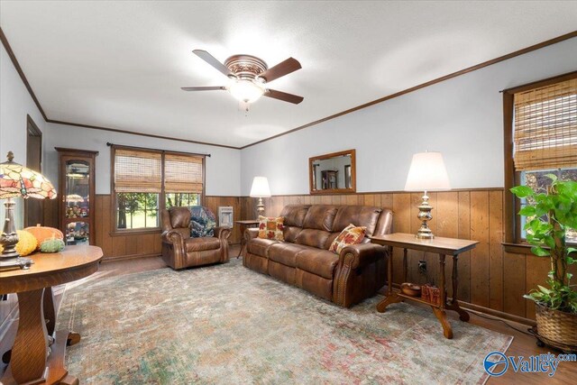 19660 Cox Rd, Athens, AL 35611 - living area featuring wooden walls, wainscoting, ornamental molding, and ceiling fan