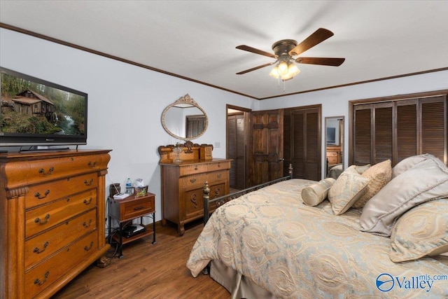 19660 Cox Rd, Athens, AL 35611 - bedroom with crown molding, a ceiling fan, two closets, and wood finished floors