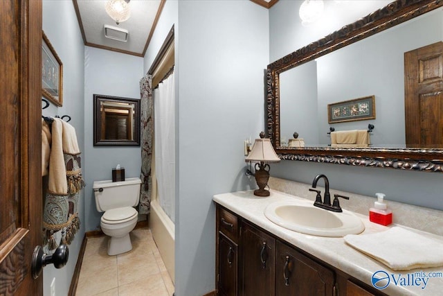 19660 Cox Rd, Athens, AL 35611 - full bathroom featuring shower / bathtub combination with curtain, vanity, ornamental molding, toilet, and tile patterned floors
