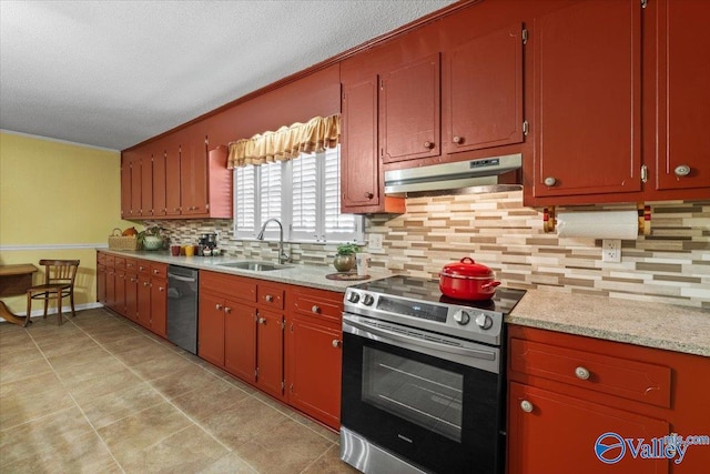 19660 Cox Rd, Athens, AL 35611 - kitchen with tasteful backsplash, a sink, electric stove, dishwashing machine, and under cabinet range hood