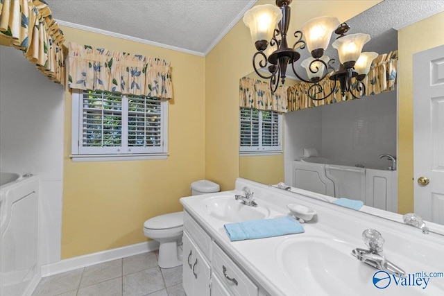 19660 Cox Rd, Athens, AL 35611 - bathroom featuring a chandelier, a textured ceiling, a sink, and ornamental molding