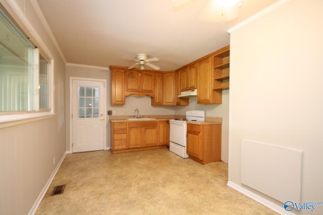 kitchen featuring ornamental molding, light colored carpet, ceiling fan, sink, and electric range