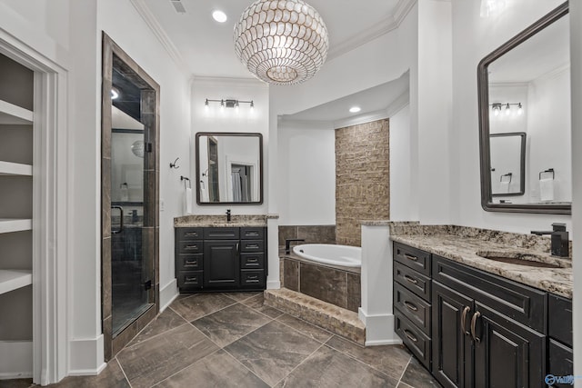 2603 Whitesburg Dr, Huntsville, AL 35801 - full bathroom with a bath, a sink, two vanities, a stall shower, and crown molding