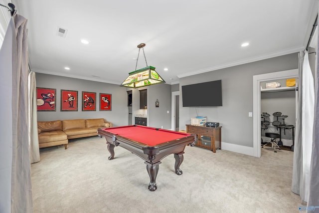 2603 Whitesburg Dr, Huntsville, AL 35801 - recreation room with recessed lighting, billiards, visible vents, ornamental molding, and light colored carpet