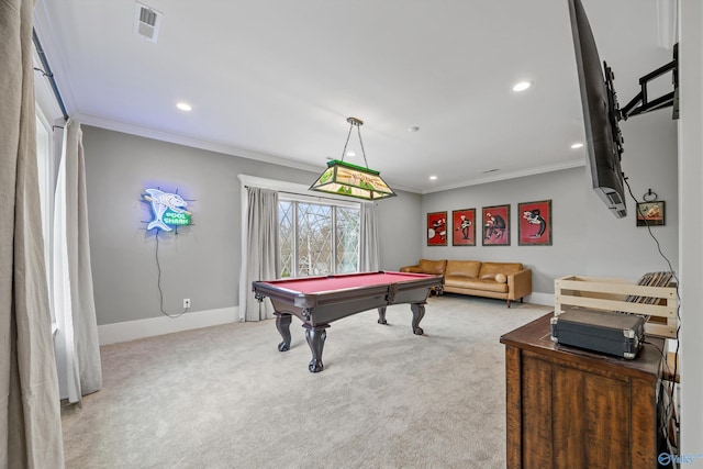 2603 Whitesburg Dr, Huntsville, AL 35801 - recreation room with pool table, carpet floors, and ornamental molding