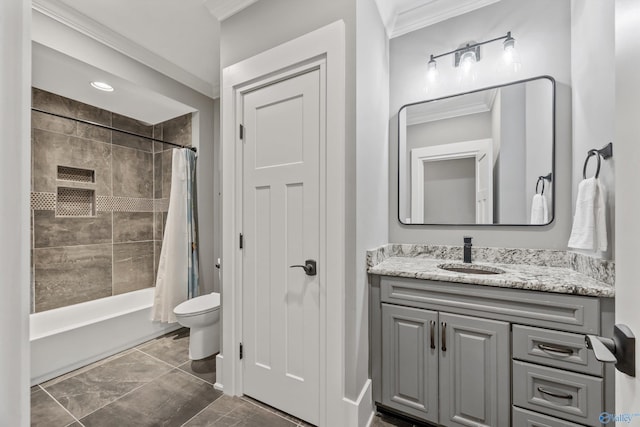 2603 Whitesburg Dr, Huntsville, AL 35801 - bathroom featuring toilet, shower / bath combo with shower curtain, vanity, and crown molding