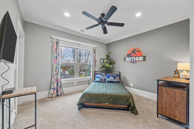 2603 Whitesburg Dr, Huntsville, AL 35801 - carpeted bedroom featuring ceiling fan, crown molding, visible vents, and recessed lighting