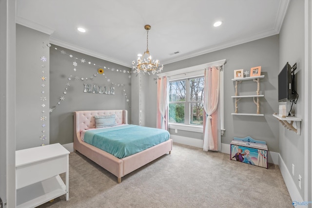 2603 Whitesburg Dr, Huntsville, AL 35801 - carpeted bedroom with a chandelier, visible vents, crown molding, and recessed lighting
