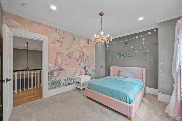 2603 Whitesburg Dr, Huntsville, AL 35801 - carpeted bedroom with baseboards, recessed lighting, a chandelier, wallpapered walls, and crown molding